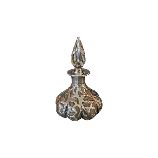 Antique Art Nouveau Hand-Blown 8‑Lobed Glass Perfume Bottle with Sterling Silver Overlay, Alvin Corporation, c.1895