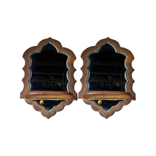 Pair of Vintage Hollywood Regency Upholstered Mirrored Wall Shelves