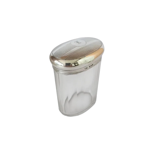 Antique Glass Faceted Oval Vanity Jar with Sterling Silver lid - London 1926