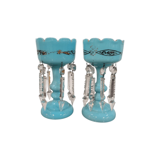 Pair of Blue Opaline Glass Victorian Lustre Vases