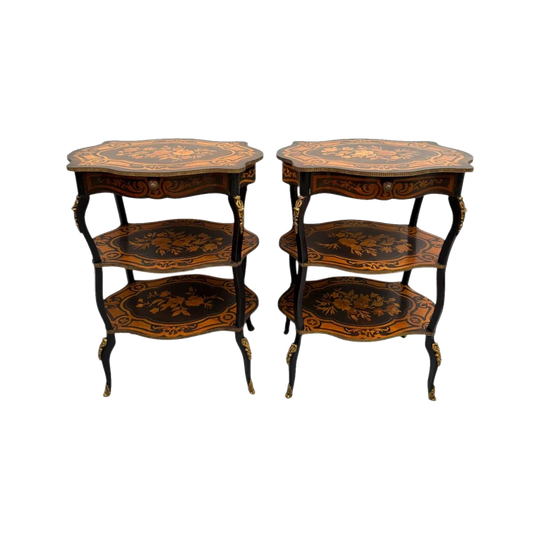 Pair of Late 19th Century Ebonised & Marquetry Three Tier Etageres