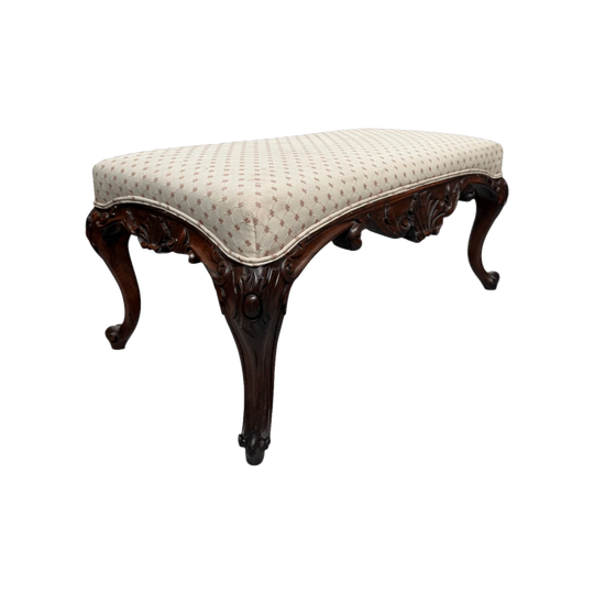 Antique 19th Century French Carved Walnut & Upholstered Stool