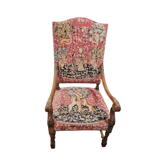 French 19th Century Walnut & Tapestry Fireside / Throne Chair