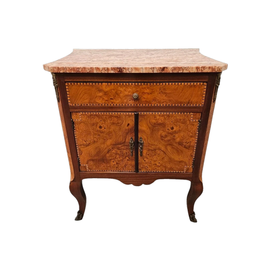 French Burr Walnut & Walnut Marble Top Side Cabinet