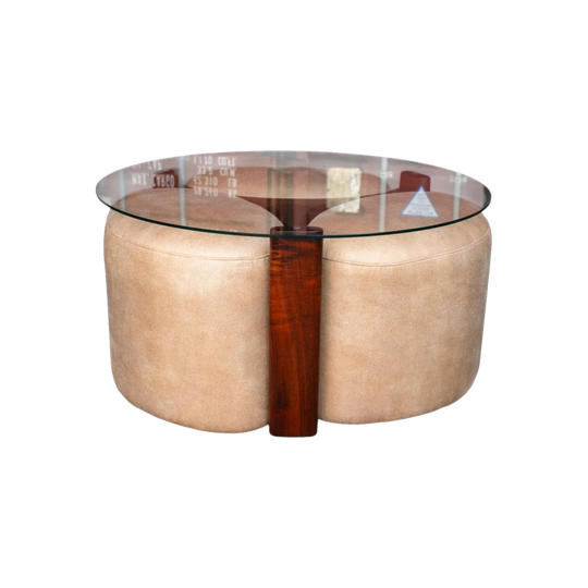 TH Brown Rondo Pouffe and Coffee Table Set — Original Late 1960s–Early 1970s Blackwood with Glass Top