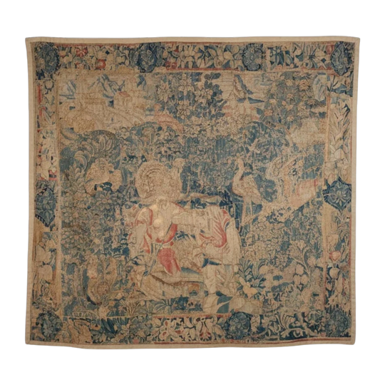 Flemish Verdure Tapestry with Figures and Exotic Bird, Wools and Silks, Probably Oudenaarde