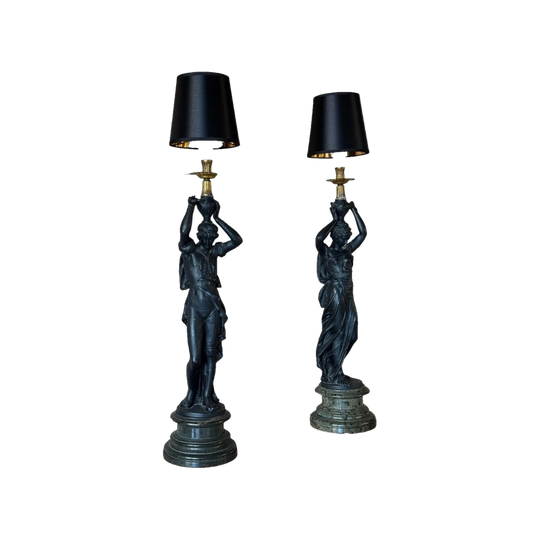Pair of Vintage Neoclassical Male & Female Figural Cast Metal Table Lamps
