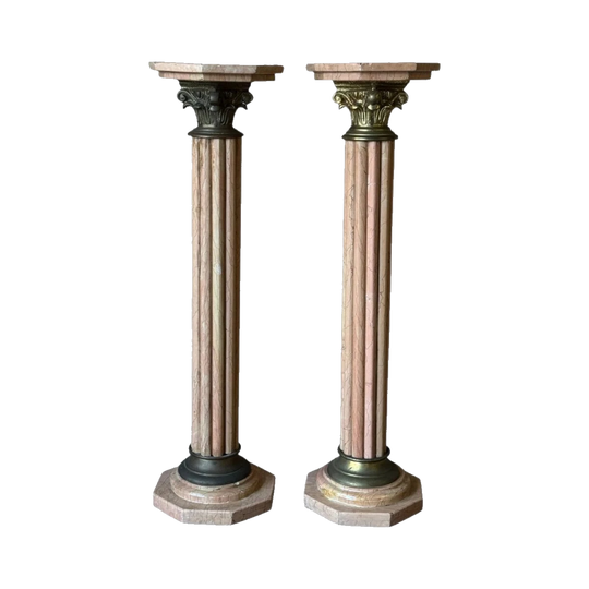 Vintage Pair of Neoclassical Pink Veined Marble & Brass Pedestals
