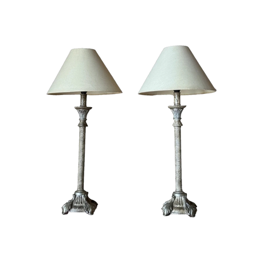 Pair of Vintage Table Lamps, Fluted Column Stems and Acanthus Bases, Aged Crackle Silver and Gilt, with Shades
