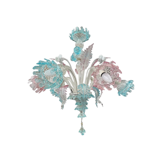 Beautiful Italian Murano Glass Six Branch Light with Pink and Blue Flowers and Leaves