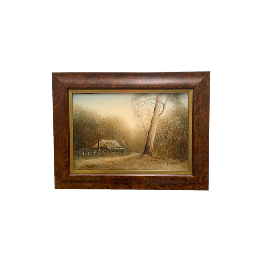 Framed Oil On Board of Farm House Scene Titled "Early Morning Mist" Circa 1980's Singed