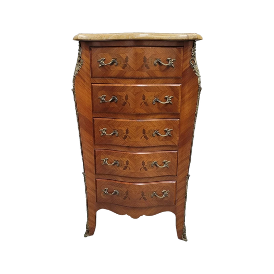 French Chest of Five Drawers With Marble Top & Marquetry Inlay