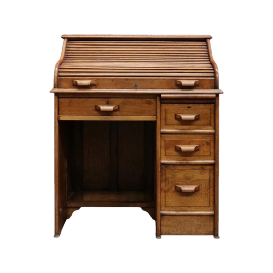 Antique English oak single pedestal roll top desk with key and fitted interior. B13022