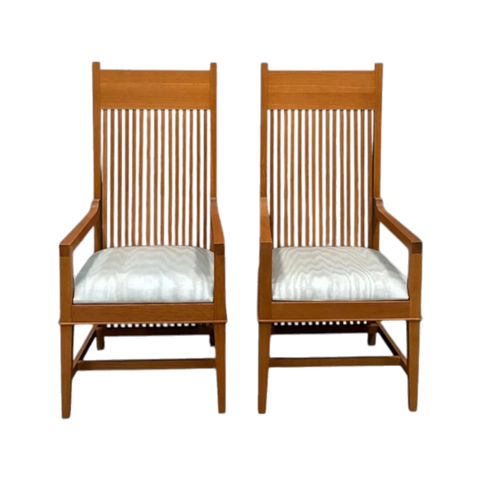 Pair of Licensed Frank Lloyd Wright Armchairs by Copeland Furniture, USA — Solid Oak, Dedar Milano Moiré Upholstery, 2000s
