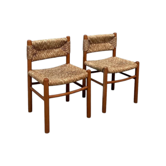 1960s French Oak Chair with Handwoven Rush Seat and Back, in the Manner of Charlotte Perriand