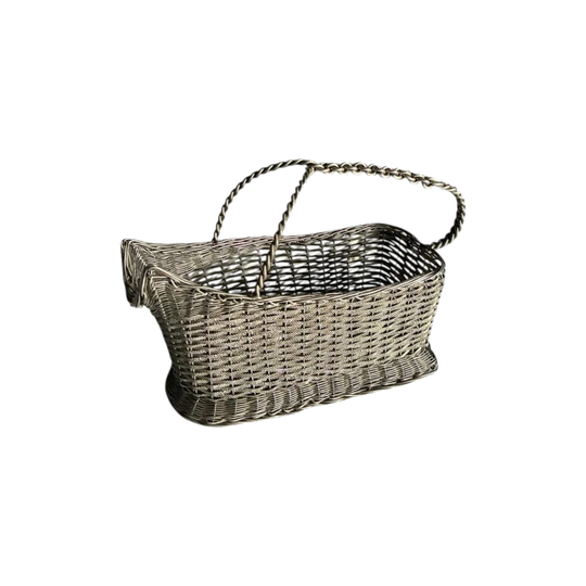 VINTAGE SILVER PLATED WOVEN WINE BASKET 1960