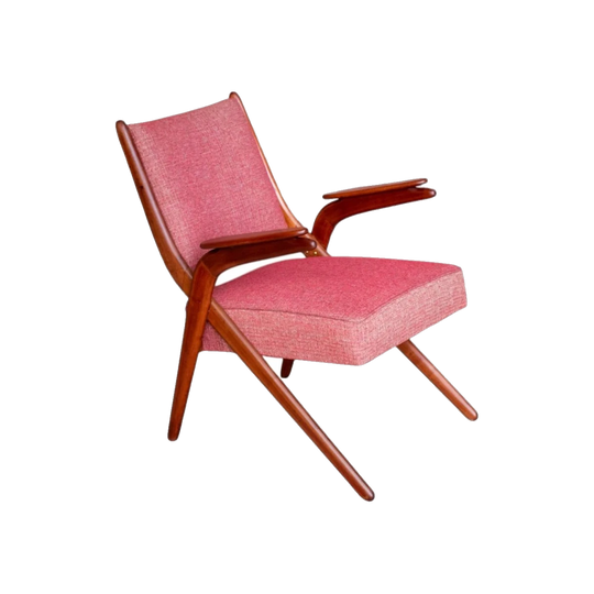 Mid‑Century Timber Armchair – Boomerang‑Style Legs, Red Upholstery