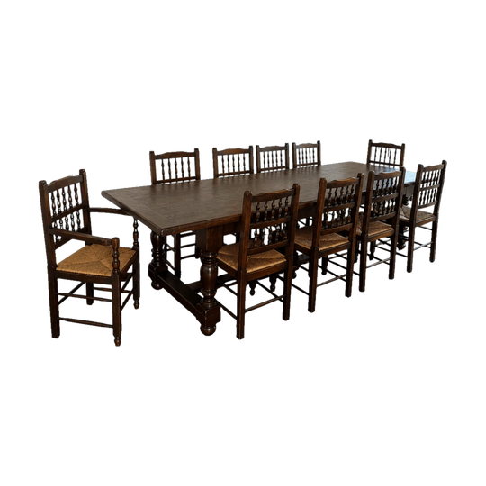 Vintage English 17th Century-Style Solid Oak Refectory Dining Table (Circa 1980s) with Matched set of Four Antique English George 111 period C1790 with 4 additional chairs