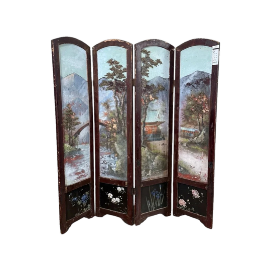Four-Fold Chinese Screen with Hand-Painted Scenic Design