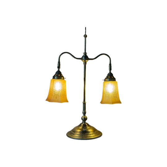 Early 20th Century Brass Double Student Lamp with Etched Glass Shades