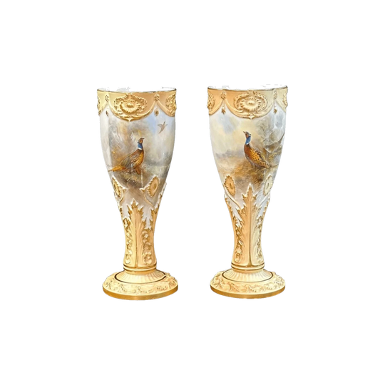 Pair Royal Worcester hand painted pheasant vases, signed Jason Stinton c.1912