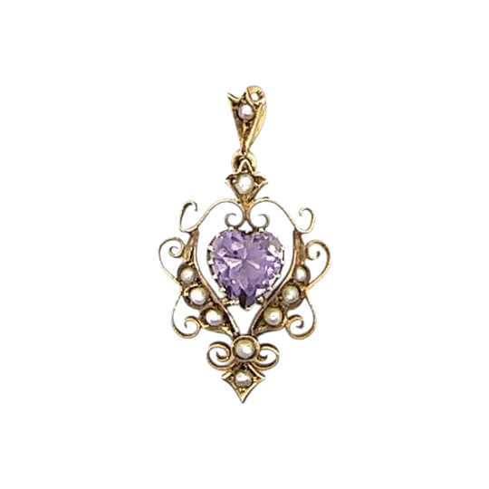 19th century 15ct rose gold pendant with amethyst and seed pearls