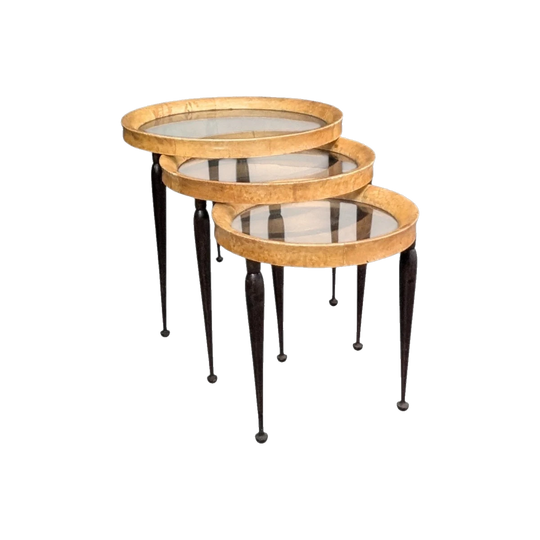 Nest of Three Italian Goatskin and Glass Nesting Tables in the Manner of Aldo Tura Circa 1950s