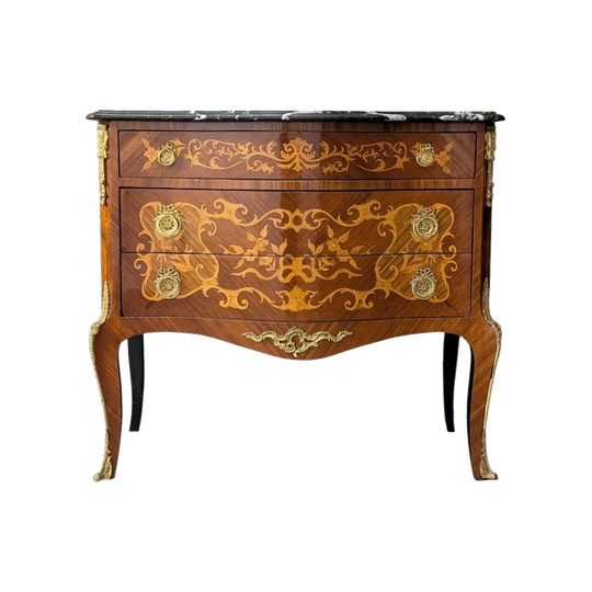 Circa 1930 French Louis XV Marquetry Commode with Black Marble Top