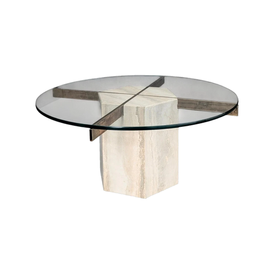 1970s Italian Travertine Coffee Table with Glass Top by Artedi Italy
