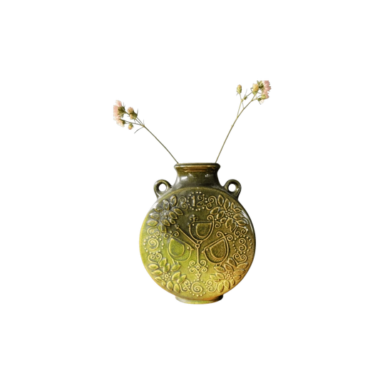 Vintage Swedish Relief Stoneware Disc Vase | Olive Green Twin-Handled Art Pottery | c.1965–1975