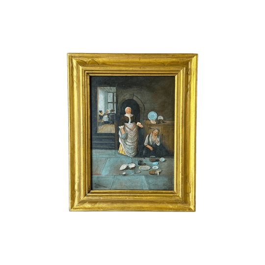 Antique European School Painting of Dutch Domestic Scene - Late 19th Century
