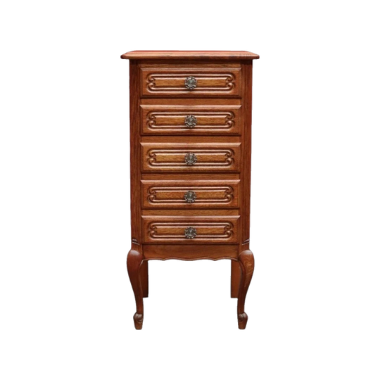Vintage French Oak Lingerie Chest with Five Drawers and French Scroll Feet. B12794