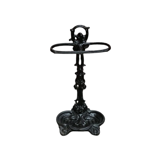 Antique French Cast Iron Umbrella Stand with Drip Tray and Decorative Black Enamel Finish. B12500