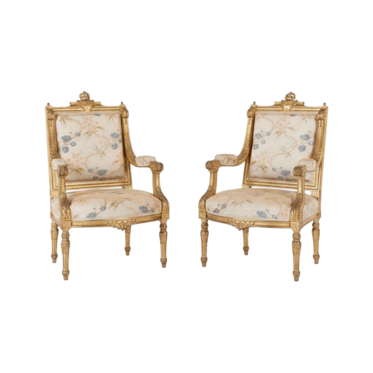 A Pair of Louis XVI Style Giltwood Fauteuils, French, Late 19th Century (2 Pairs Available)
