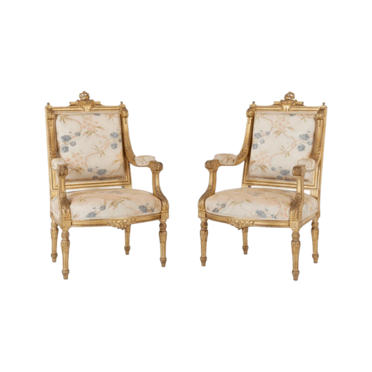 A Pair of Louis XVI Style Giltwood Fauteuils, French, Late 19th Century (2 Pairs Available)