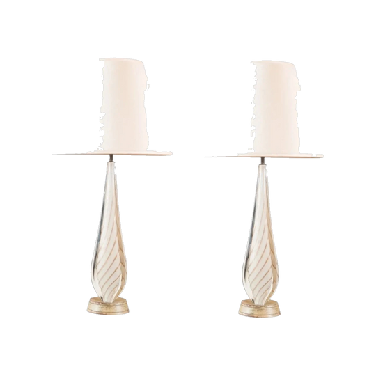 Pair of Mid Century Tall White and Gilt Murano Table Lamps