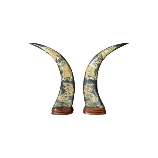 Vintage Pair of Carved Buffalo Horns Mounted on Timber Bases