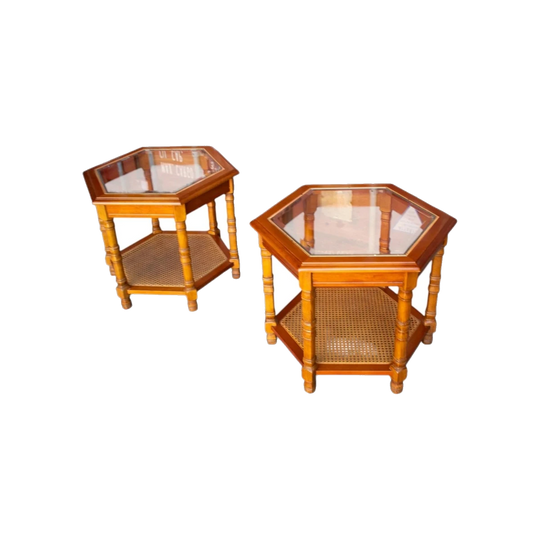 Pair of 1970s–1980s Hexagonal Side Tables – Inset Glass Tops, Cane/Rattan Lower Shelves, Turned Timber Legs