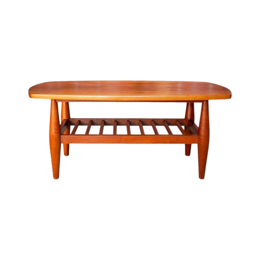 Mid‑Century Solid Timber Coffee Table, Rounded Top, Tapered Legs and Slatted Shelf, 1960s–1970s — Fully Restored
