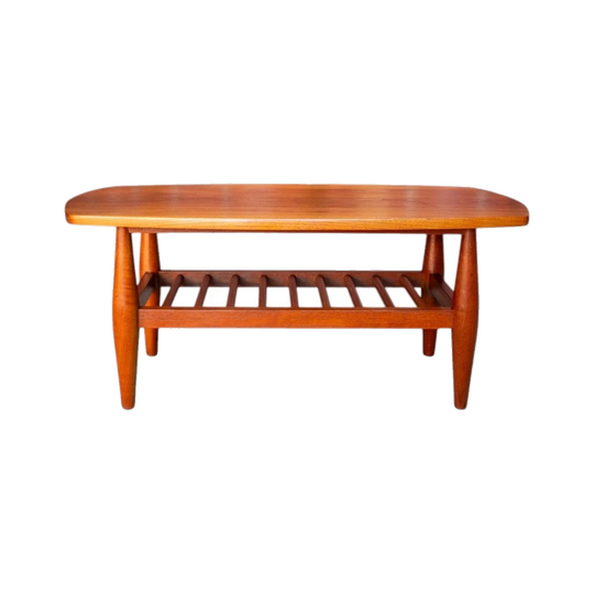 Mid‑Century Solid Timber Coffee Table, Rounded Top, Tapered Legs and Slatted Shelf, 1960s–1970s — Fully Restored