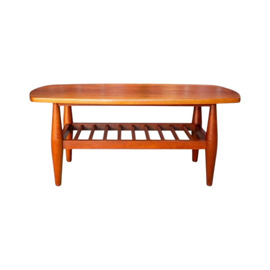 Mid‑Century Solid Timber Coffee Table, Rounded Top, Tapered Legs and Slatted Shelf, 1960s–1970s — Fully Restored
