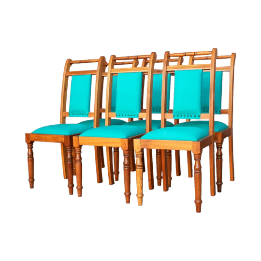 Set of Six Mid-Century Solid Timber Dining Chairs with Turquoise Upholstery, Turned Front Legs and Studded Back Panels