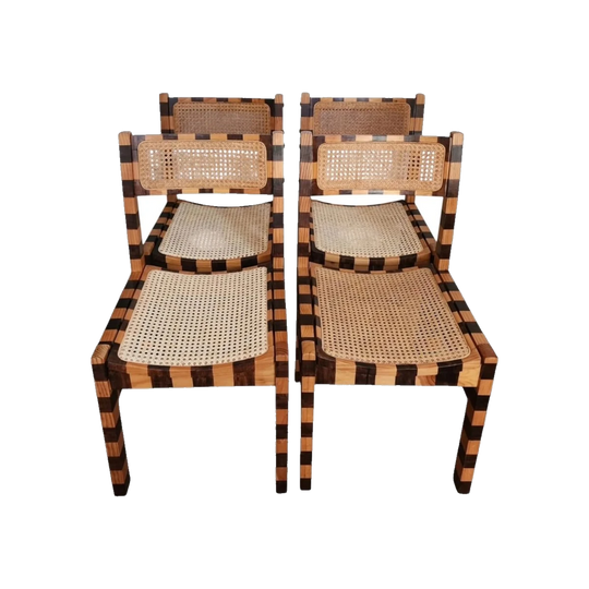 Vintage Wooden Dining Chairs with Wicker Seats – Upcycled Hand-Painted Dark Stain Stripes
