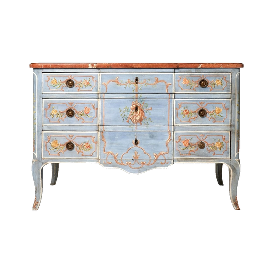 Italian 19th-Century Hand-Painted Breakfront Commode with Original Rouge Marble Top
