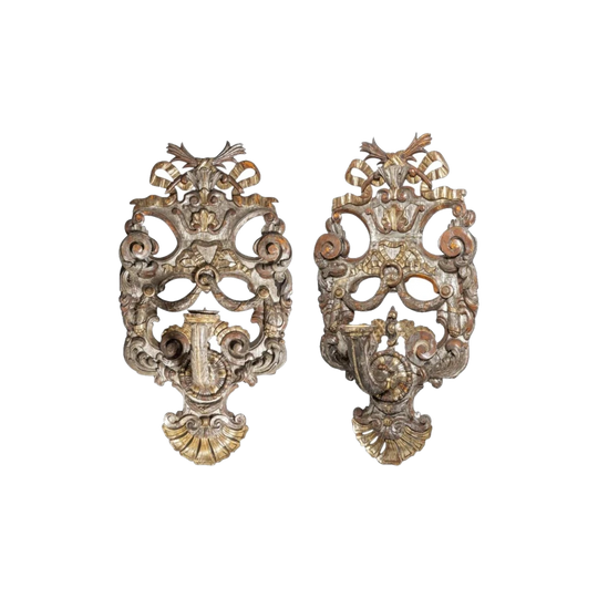 Pair of Oversized Italian 18th Century Carved Silvered and Giltwood Wall Torcheres