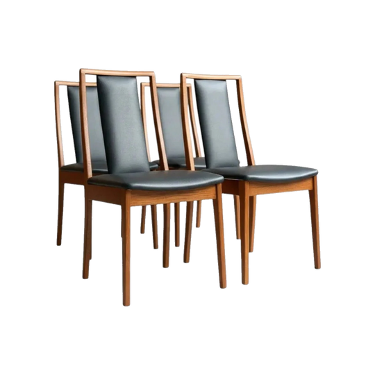 Noblett 'Boston' T-Back Dining Chairs, Set of 4, 1960s–1970s – Fully Restored Teak with Black Vinyl