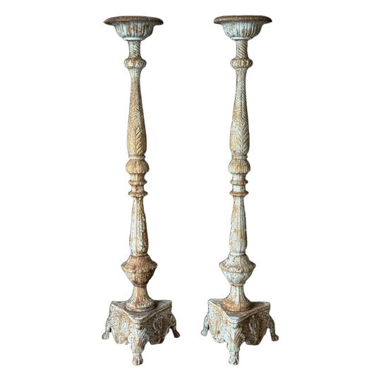 Monumental Antique Pair of French Cast Iron Pricket Candlesticks