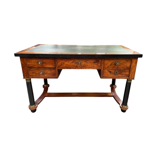 Antique Regency Revival Walnut Faux Partner’s Desk with Green Leather Writing Surface