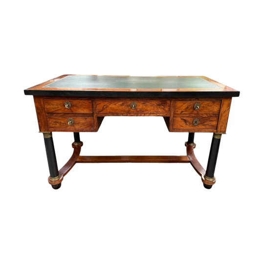 Antique Regency Revival Walnut Faux Partner’s Desk with Green Leather Writing Surface