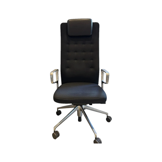 Vitra ID Trim L Office Chairs — Black Fabric with Tufted Back, Black Leather Headrest, Polished Aluminium Armrests